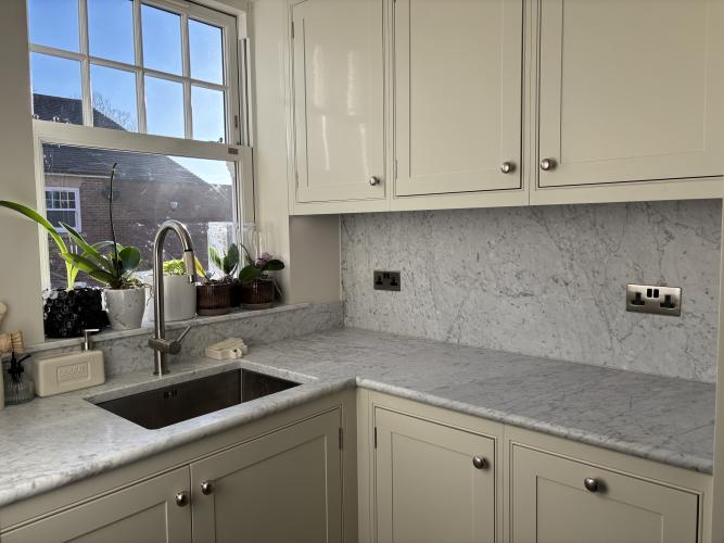 Honed Carrara Marble Worktops in Utility Room