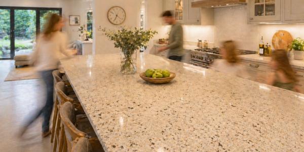 Family rushing around their granite kitchen worktop