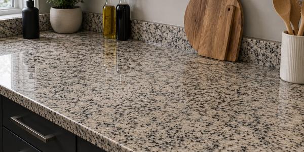 grey granite worktop in london with wooden spoons, trays and oil bottles