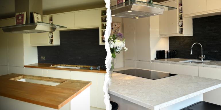 Wood Worktops Replaced with Taj Mahal Quartz 