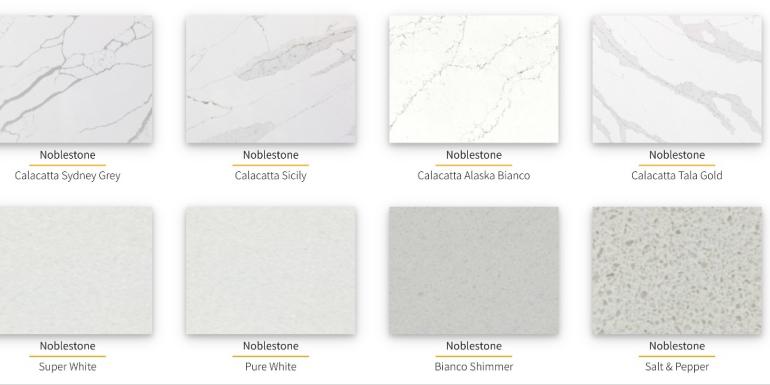 a screenshot of the white quartz kitchen worktop options available at henderstone