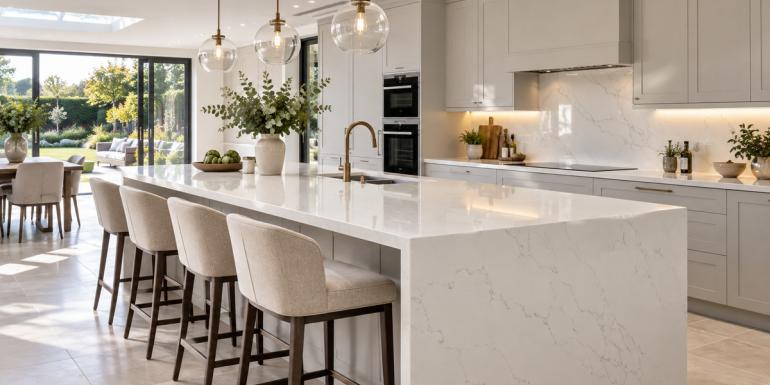 white quartz kitchen looking out to a garden through french double doors