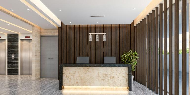 modern lobby with reception desk and elevators - worktops for office receptions